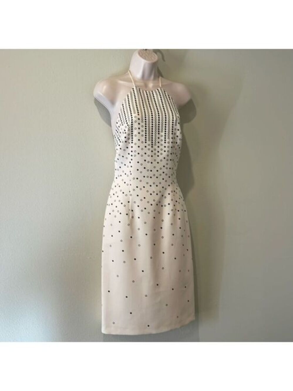 David Meister Cream and Black Dot Halter Dress, Small